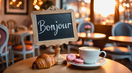 Cozy cafe in Paris city with traditional French macarons and chalkboard with word Bonjour. Travel to France, welcome to Paris, French patisserie and food