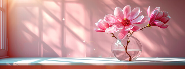 Pink Magnolia flowers in glass vase on white background