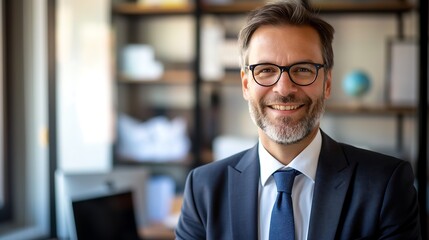 Fototapeta premium Successful Businessman Smiling at Desk with Computer, Corporate Leadership