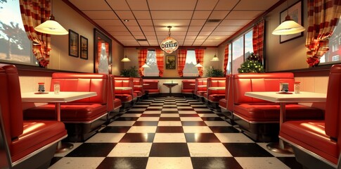 A retro diner interior featuring red booths and a checkered floor, evoking nostalgic charm and a classic American diner atmosphere.