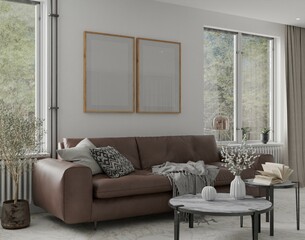 Mockup poster wood frame in empty picture living room, front view element interior vertical, on the wall. in illustration 3d render