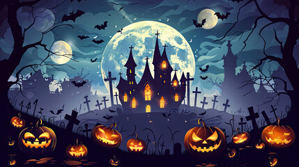 Halloween vector illustration. Scary cemetery, graves, tomb stones, night sky, Dracula's castle, black crow, flock of bats, creepy pumpkins, Halloween scene, template for greeting card.