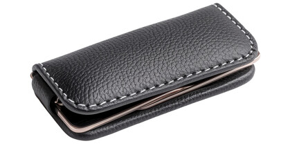 Naklejka premium Black leather key case with a textured finish, ideal for organizing keys. Compact and stylish accessory for everyday use.