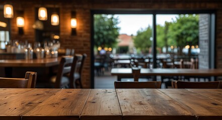 empty wooden table top with Restaurand Background for product display