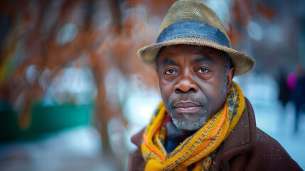 Fototapeta premium Senior man with a contemplative expression in a vibrant city.