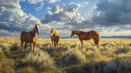 Horses Grazing in a Golden Meadow