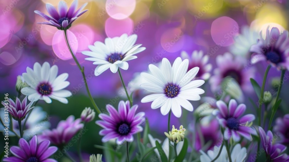 Poster stunning white and purple flower pictures with blurred backdrop