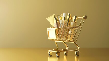 Elegant Champagne Gold Shopping Cart Filled with Skincare and Makeup Products on Minimalist Background for Advertising and Banners