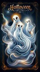 Illustration of three friendly ghosts with swirling forms, perfect for Halloween designs and spooky-themed projects.