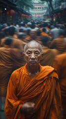 Naklejka premium an Asian monk in the middle of a crowd, with blurred moving people walking around him, in the style of a portrait.