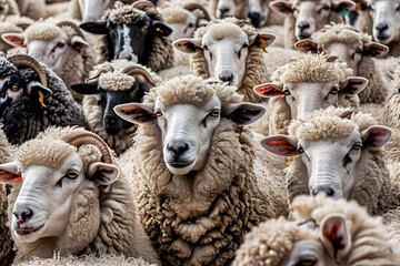 Obraz premium Sheep heads filling frame flock close together in yards to be shorn