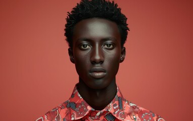 Obraz premium A man with a greenish tint to his eyes is wearing a red shirt. The image has a bold and vibrant feel to it, with the red and green colors creating a striking contrast