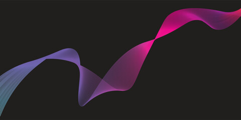 Dark abstract background with glowing wave. Shiny moving lines design element. Modern purple blue gradient flowing wave lines.