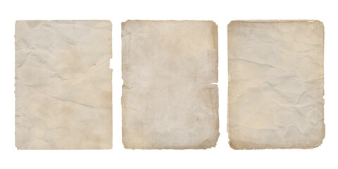 Vintage old paper with ripped torn edges and wrinkled crumpled textures. Antique faded sheets set