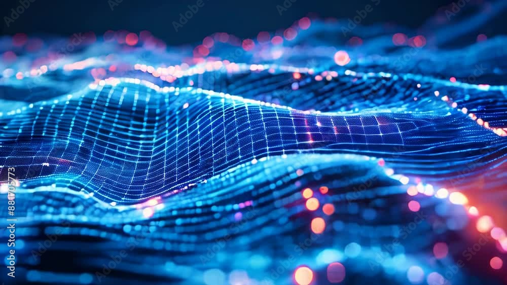 Wall mural abstract digital data stream with glowing lines on dark blue background