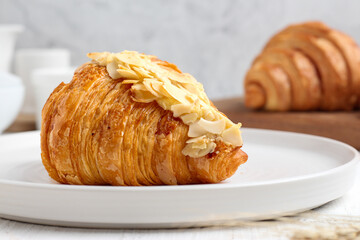 Croissant. Almond croissant. with copy space. perfect for recipe, article, or any commercial content.