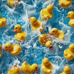 Obraz premium photo realistic rubber duckies laid out beautifully for top down photo watery background