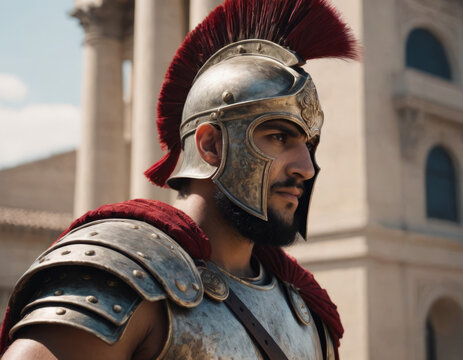 Un gladiatore romano con un elmo lucente e un'espressione feroce.
