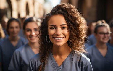 Obraz premium A group of women wearing blue scrubs are smiling for the camera. The woman in the center is the only one with her mouth open