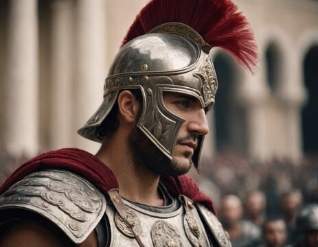 Il viso sudato di un gladiatore, con cicatrici di vecchie battaglie.
