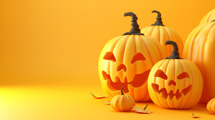 Happy Halloween with 3d Jack-o-Lantern pumpkins on yellow background