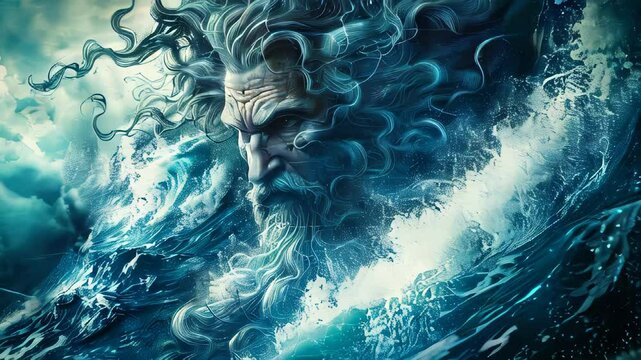 Poseidon, the Greek god of the seas, surrounded by ocean waves