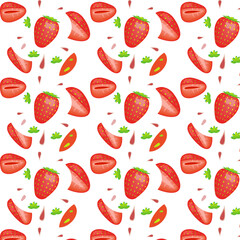 seamless strawberry pattern. Decorate your design with a seamless strawberry pattern! Juicy slices with red chunks, red flesh, yellow seeds, perfect for summer projects, fabric prints and digital back