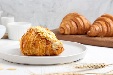 Croissant. Almond croissant. with copy space. perfect for recipe, article, or any commercial content.