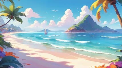 Anime style summer activity and view with beach background illustration design.