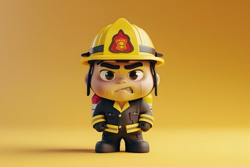 Grumpy 3D Cartoon Firefighter Character in Uniform With Helmet on Solid Background