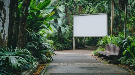 Serene Botanical Garden Vertical Blank White Screen Billboard Mock-up with Exotic Plants | 32k Full Ultra HD High Resolution