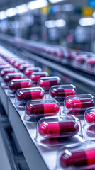 Obraz premium A conveyor belt with many red pills in clear plastic containers