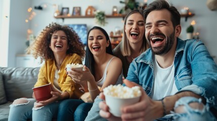 Fototapeta premium Happy Friends Enjoying a Movie Night Together
