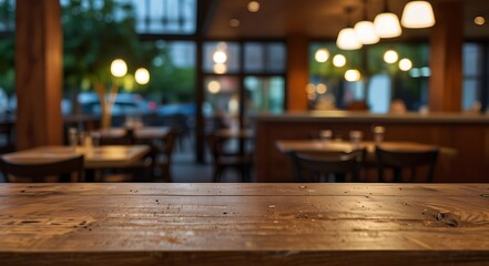 empty wooden table top with Restaurand Background for product display