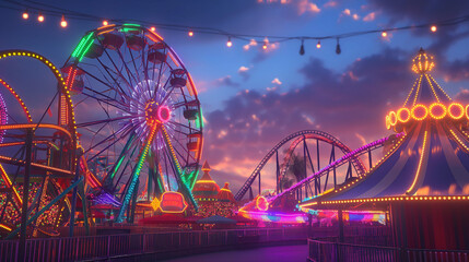 Obraz premium A amusement park with roller coasters, Ferris wheels, and colorful carnival rides, all lit up with bright, festive lights against a twilight sky