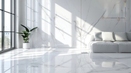 A bright, minimalist living room featuring marble flooring, a large window, and modern decor, creating a serene and stylish space.