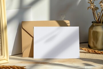 A blank card leaning against a kraft envelope beside a vase
