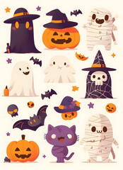 Collection of cute cartoon Halloween ghost icons, jack o' lantern, skeleton, black cat, mummy, ghost. perfect for a fun holiday party material, transparent background.