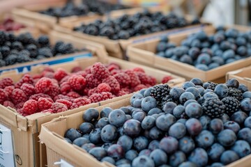 Blueberries, blackberries and raspberries in boxes at the farmer's market. 