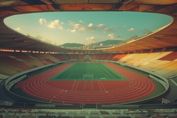 Empty stadium with scenic view of horizon under an evening sky.