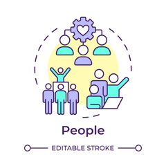 People multi color concept icon. PPT framework. Teamwork. Human resources. Social connection. Group activities. Round shape line illustration. Abstract idea. Graphic design. Easy to use in article