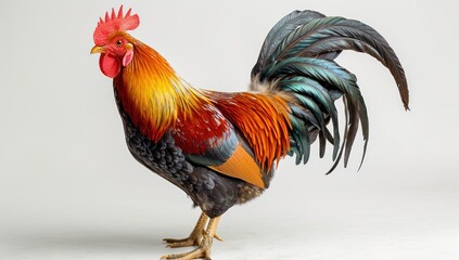 Fototapeta premium A Colorful Rooster Portrait Against a White Background