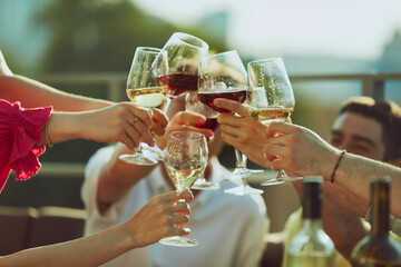 Young people, men and women, friends gather for toast, their drinks sparkling in sunlight and smiles brightening scene. Concept of party, Friday mood, celebration, summer holidays, relax.