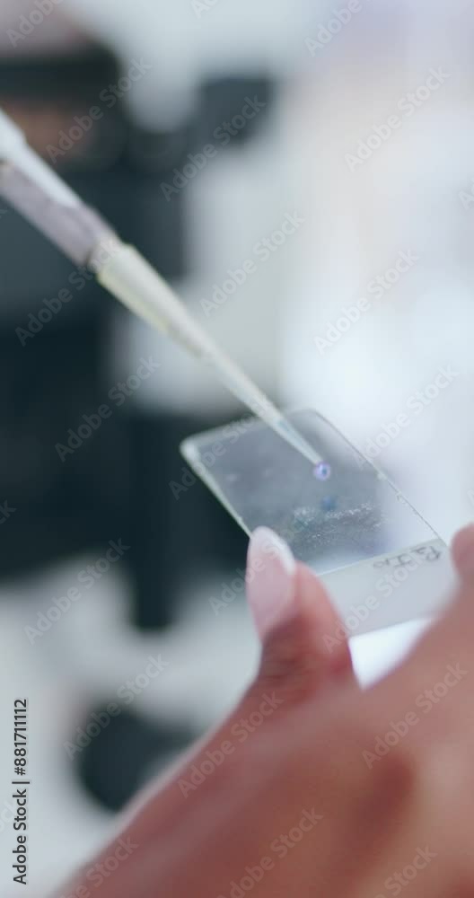 Sticker Hand, chemical and sample on glass, science and experiment for medicine, healthcare and cure for disease. Lab, scientist and closeup of person, medical research and study of liquid for vaccine