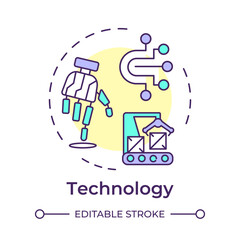 Technology multi color concept icon. PPT framework. Business solutions. Manufacturing and production line. Round shape line illustration. Abstract idea. Graphic design. Easy to use in article