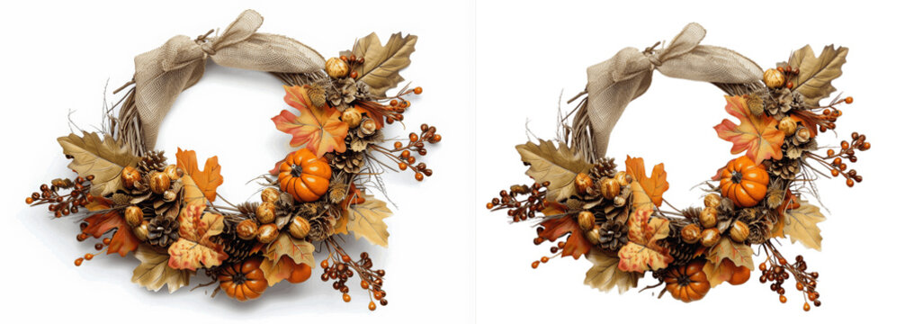 Thanksgiving wreath, a rustic wreath made of twigs and autumn leaves, with mini pumpkins and berries, hanging by a burlap ribbon, isolated white background, leave plentiful space.
