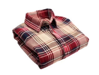 Folded plaid shirt with a classic red and blue pattern. Perfect for casual wear or stylish layering in both men's and women's fashion.