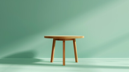 A high-definition image of a light oak round table against a pastel green backdrop. The setup is minimalist and centered, providing a spacious and clean area for product showcasing.
