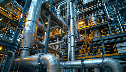 Steel pipelines and cables in factory interior as chemical industry background concept