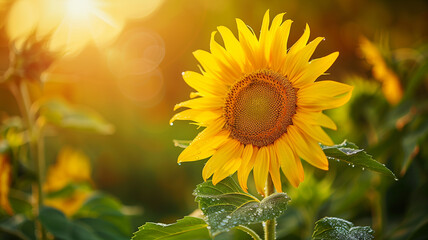 Fototapeta premium A yellow sunflower, broad green leaves, and dew drops on it, blurred background, shallow depth of field, macro photography, natural light, high-definition photography, rustic style, 